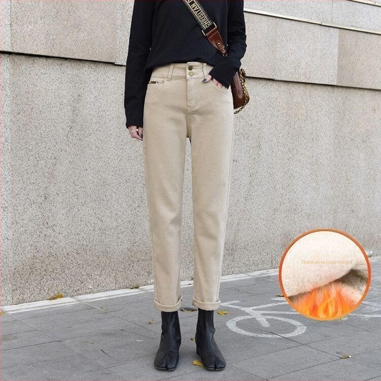 Дамски дънкови панталони с подплата от флийс, висока талия, прав крак, дълги, дебел деним