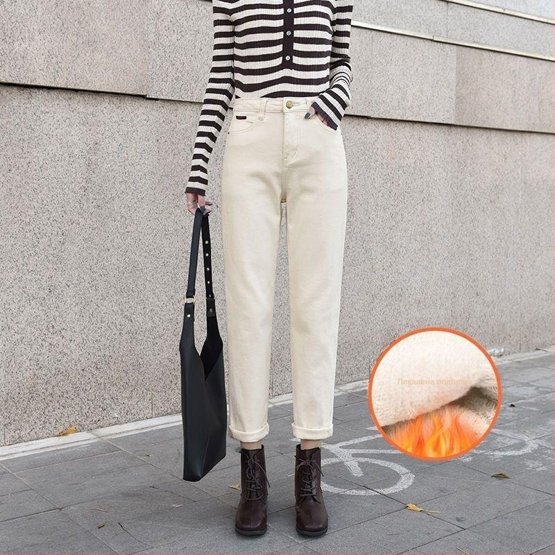 Дамски дънкови панталони с подплата от флийс, висока талия, прав крак, дълги, дебел деним