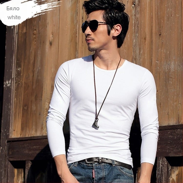 Мъжка тениска с дълъг ръкав, Slim fit, casual стил, полиестерна материя, едноцветна.