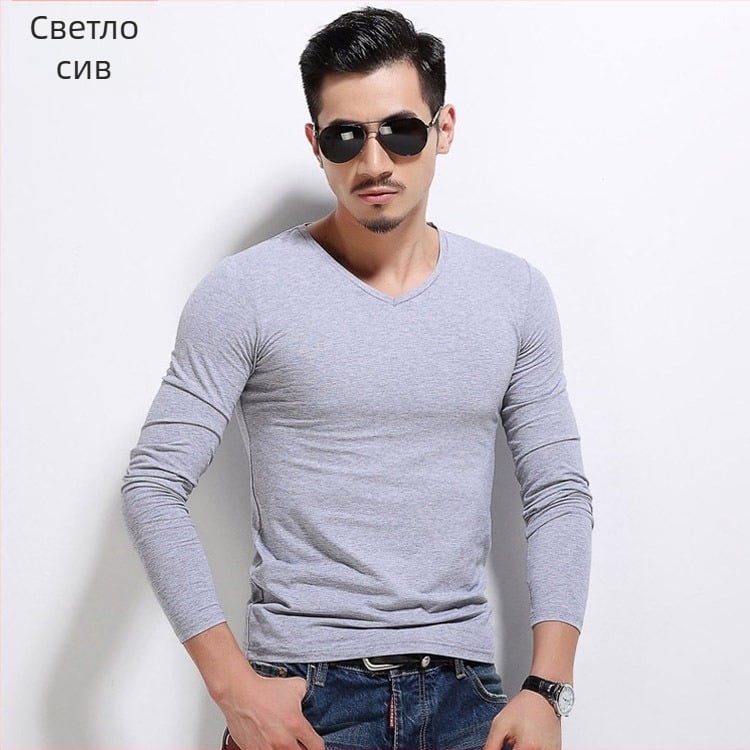 Мъжка тениска с дълъг ръкав, Slim fit, casual стил, полиестерна материя, едноцветна.