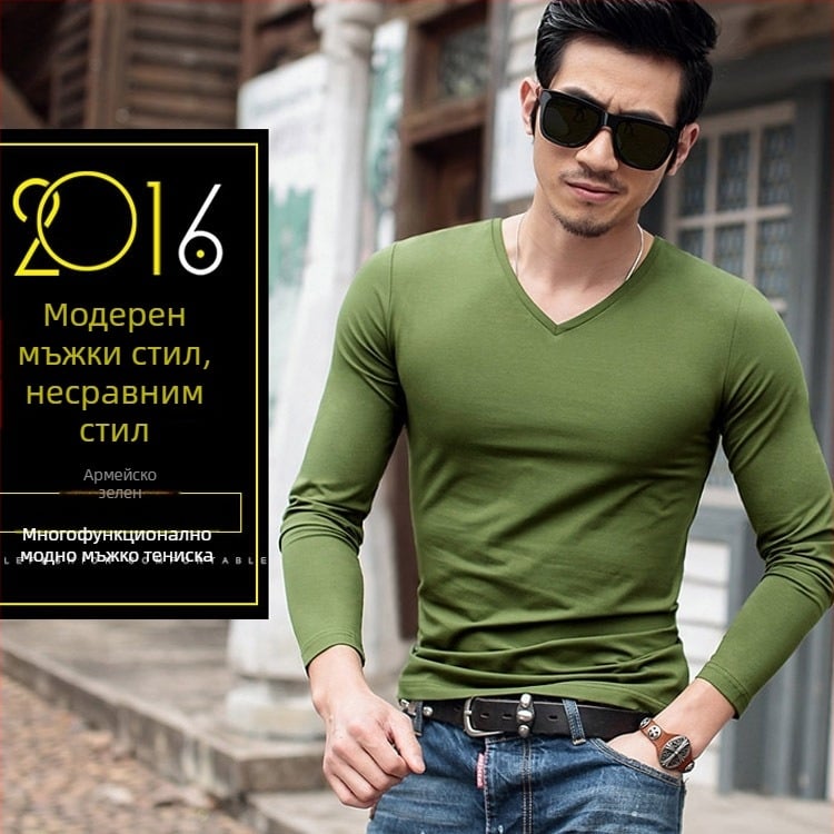 Мъжка тениска с дълъг ръкав, Slim fit, casual стил, полиестерна материя, едноцветна.