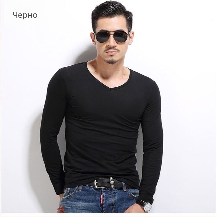 Мъжка тениска с дълъг ръкав, Slim fit, casual стил, полиестерна материя, едноцветна.