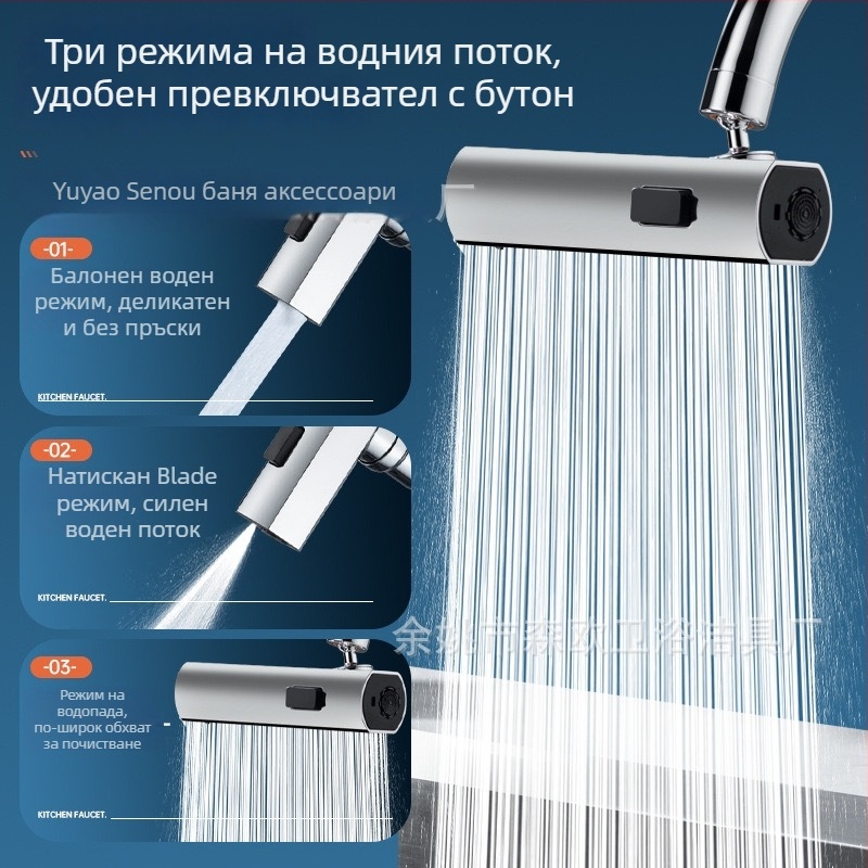 Кухненски кран с водопад и универсално въртящо се удълнение — Модел Flying Feather; Материал: сплав + ABS корпус; Покритие: електропокритие; Монтаж: резба; Температура: 100