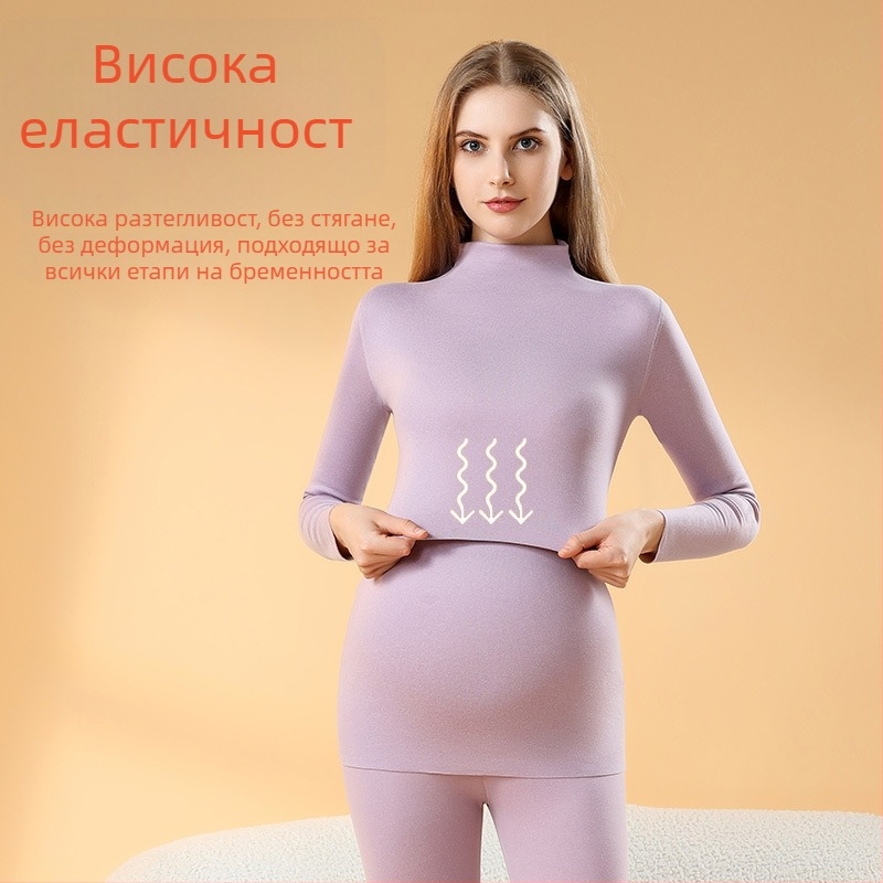 Комплект майчинска термална пижама, кадифена вътрешност, безшевно кърмене, дълги ръкави, плътна полиестерна материя, есен-зима