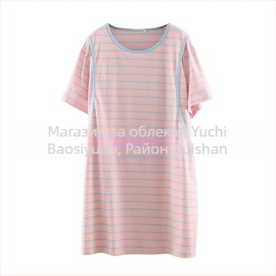 Бременна рокля за кърмене, райета, 95% памук, кръгла яка, 3/4 ръкави, А-линия миди дължина, свободна кройка