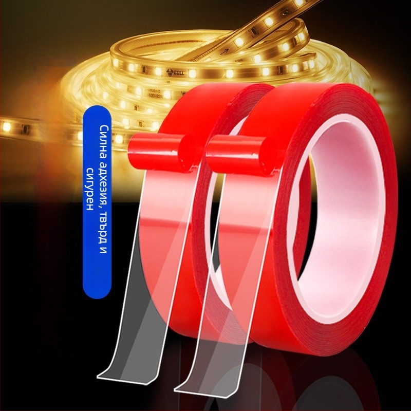 LED лента — двустранно акрилно лепило за фиксиране на канали, без следи, висока прозрачност, без остатък