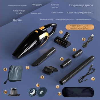 Преносима прахосмукачка за дом и кола, ръчна безжична с висока сила на всмукване (12V, 120W, 18000 Па, 20 минути работа, HEPA филтър)