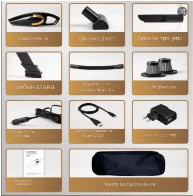 Преносима прахосмукачка за дом и кола, ръчна безжична с висока сила на всмукване (12V, 120W, 18000 Па, 20 минути работа, HEPA филтър)