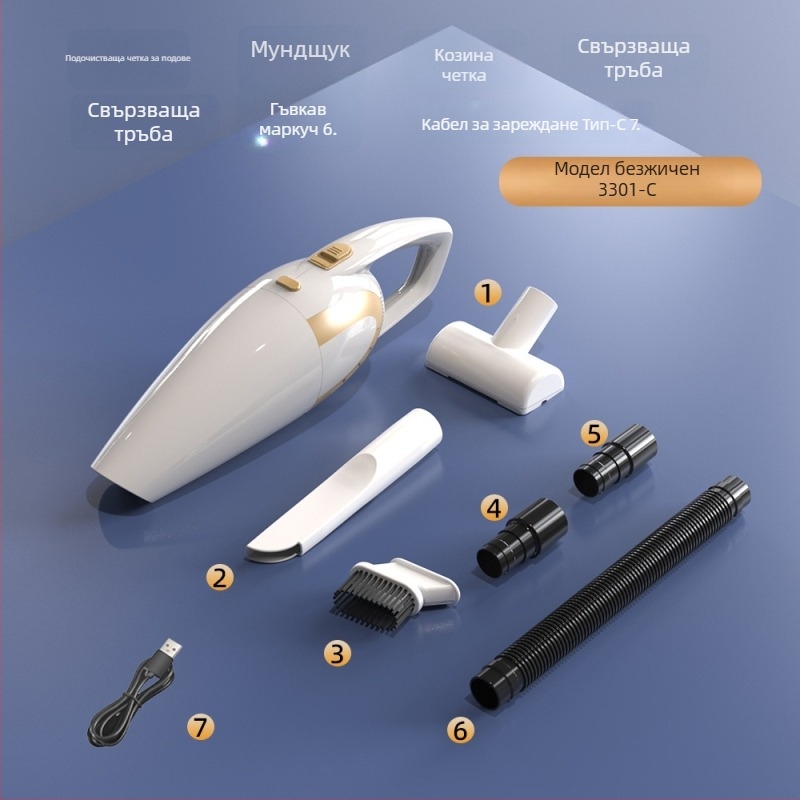 Преносима прахосмукачка за дом и кола, ръчна безжична с висока сила на всмукване (12V, 120W, 18000 Па, 20 минути работа, HEPA филтър)