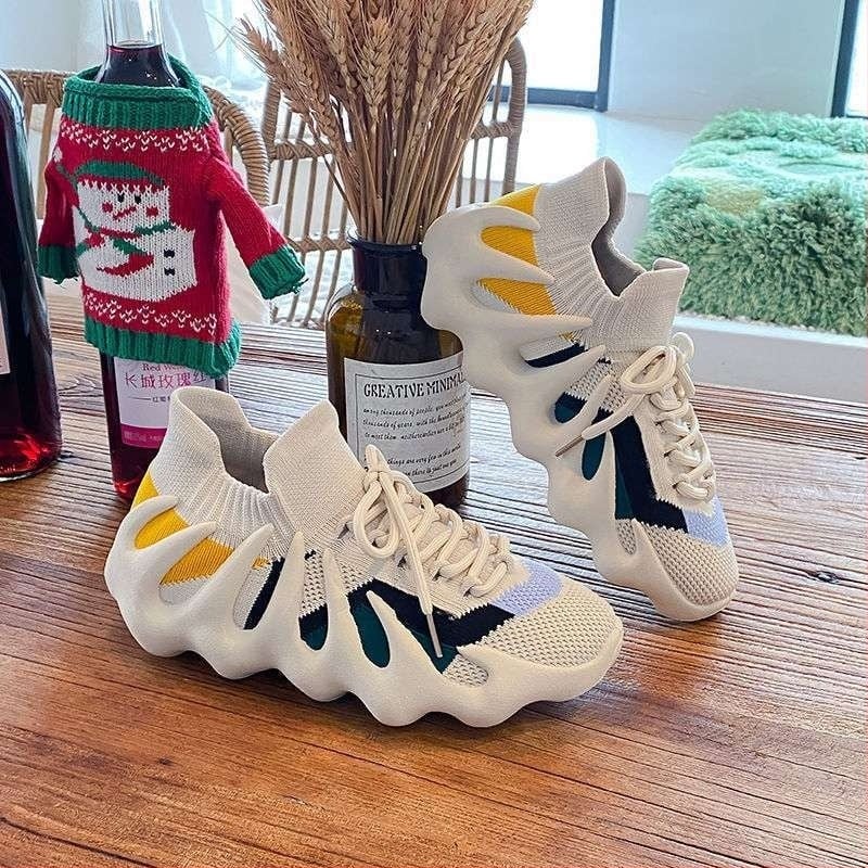 Женски дишащи мрежести обувки за бягане, стретч горнище, кожена носна част, средно високи, гумена подметка, връзки