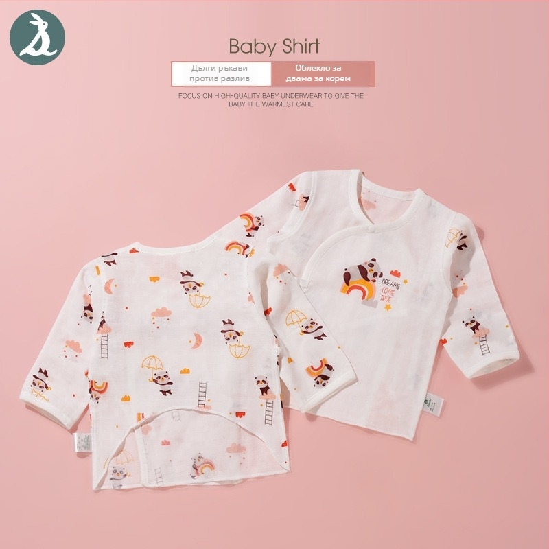 Топ за новородени с дълги ръкави от памук-газа, 100% памук, меко обработена тъкан, кръгло деколте, лятно облекло