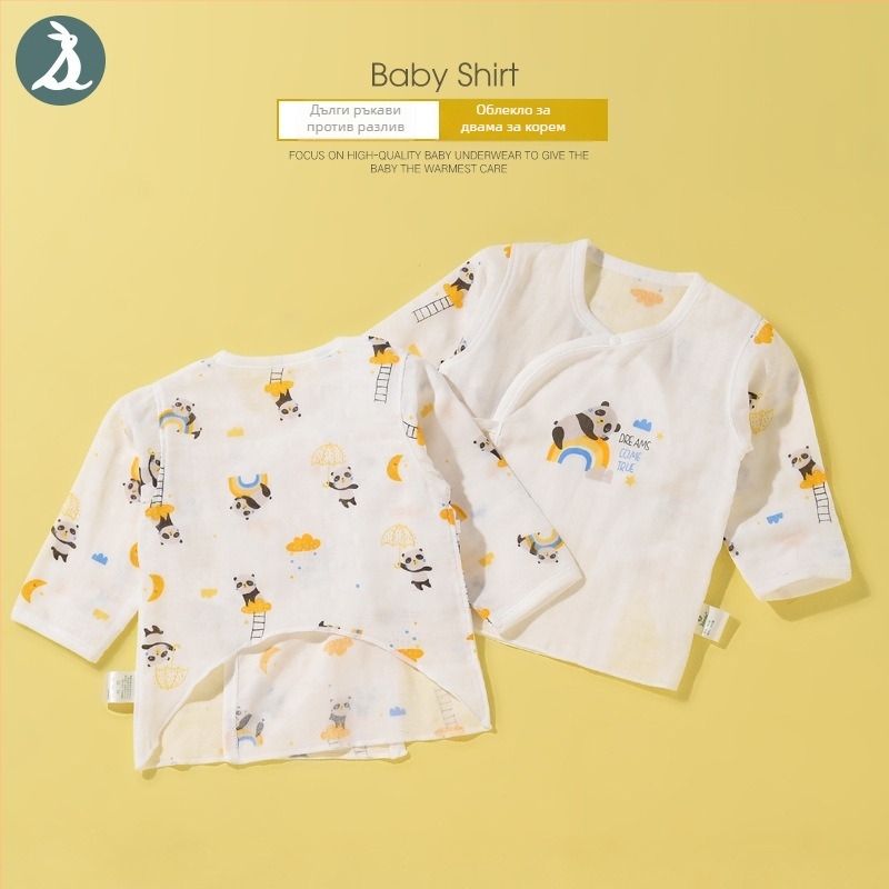 Топ за новородени с дълги ръкави от памук-газа, 100% памук, меко обработена тъкан, кръгло деколте, лятно облекло