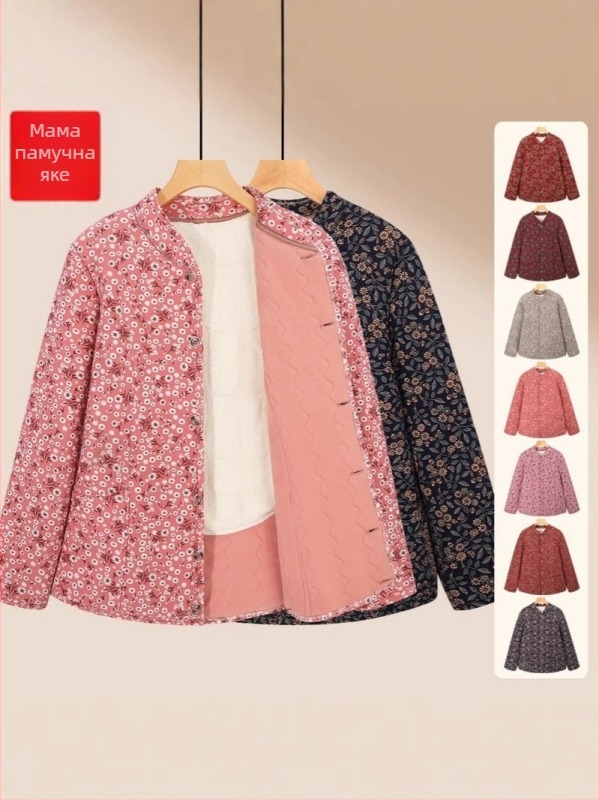 Памучно подплатено зимно палто за жени, кръгло деколте, дълги ръкави, модел с разбити цветя, полиестерен плат