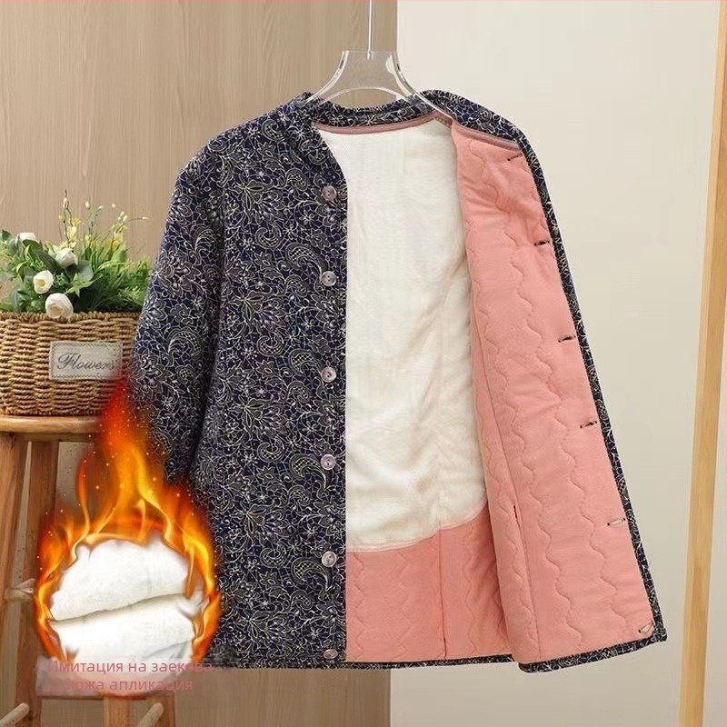 Памучно подплатено зимно палто за жени, кръгло деколте, дълги ръкави, модел с разбити цветя, полиестерен плат