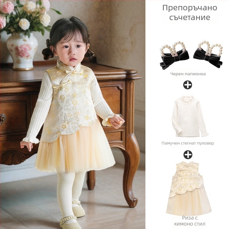 Детска рокля за момичета в китайски стил, без ръкави, сатен, А‑линия, принт с букви и точкова шарка, подплата 100% памук