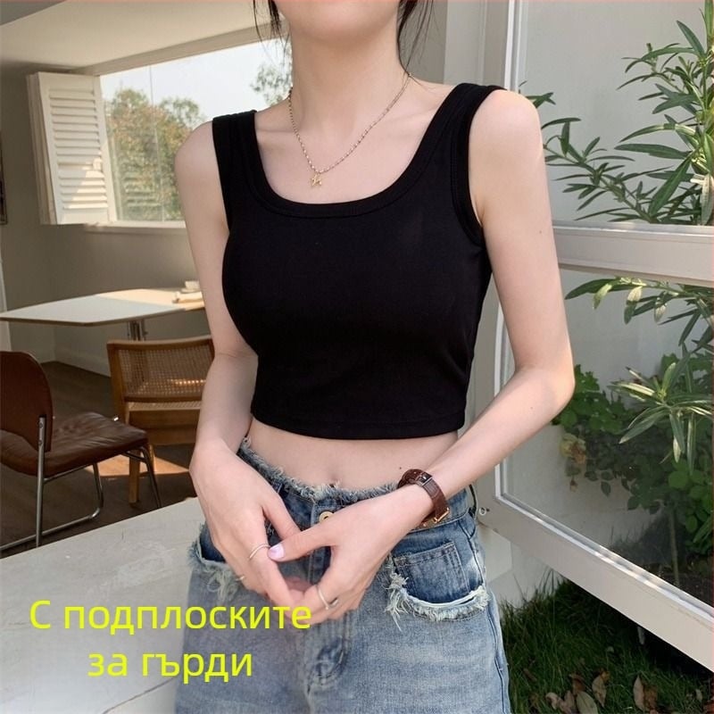 Женски ултра къс тенк топ с подплата за бюста и обвиващ дизайн - без ръкави, полиестер 90–95%, презрамков стил, двойни презрамки