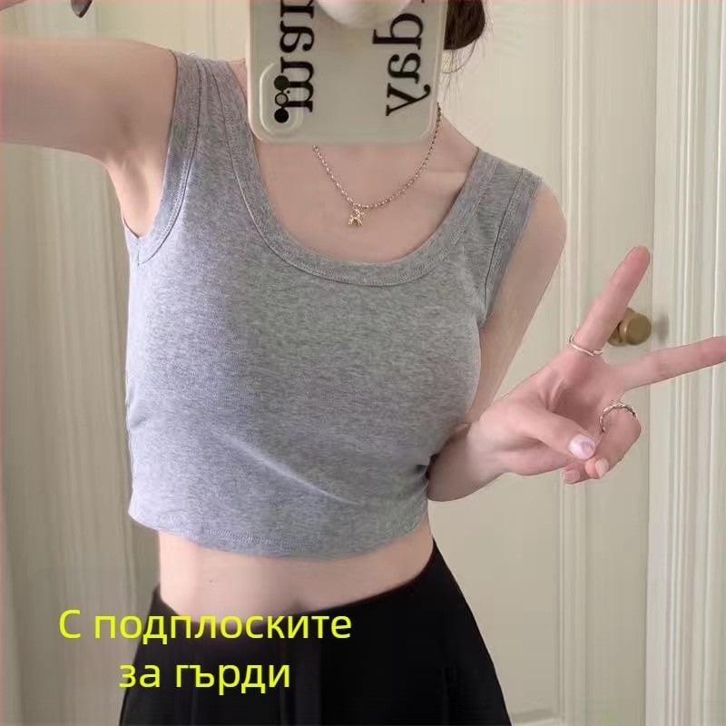 Женски ултра къс тенк топ с подплата за бюста и обвиващ дизайн - без ръкави, полиестер 90–95%, презрамков стил, двойни презрамки