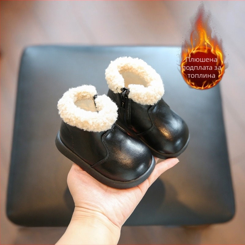 Кожени ботуши за деца с висока горна част, страничен цип, микрофибър кожа, антиплъзване и запазване на топлината, възраст 6-36 месеца