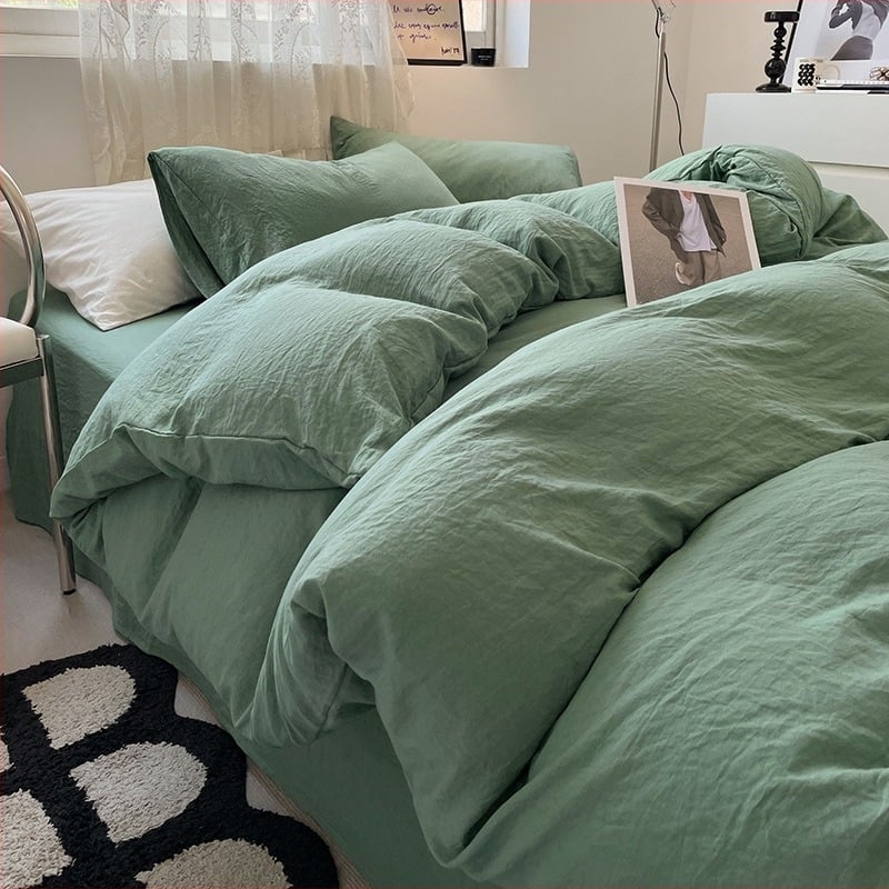Спален комплект с четири части от изпрано памучно спално бельо, едноцветен модел, модерен минималистичен стил, подходящ за всички сезони, за студентски общежития
