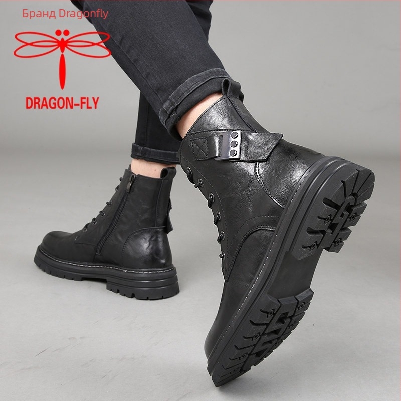 Dragonfly мъжки кожени ботуши в британски стил, Мартин ботуши с ниско голенище, горна част от първи слой телешка кожа, подплата и стелка от свинска кожа, вулканизирана гумена подметка, функция за повишаване на височината