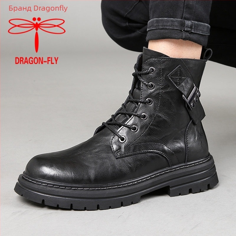 Dragonfly мъжки кожени ботуши в британски стил, Мартин ботуши с ниско голенище, горна част от първи слой телешка кожа, подплата и стелка от свинска кожа, вулканизирана гумена подметка, функция за повишаване на височината