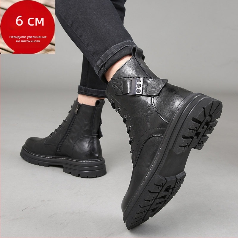 Dragonfly мъжки кожени ботуши в британски стил, Мартин ботуши с ниско голенище, горна част от първи слой телешка кожа, подплата и стелка от свинска кожа, вулканизирана гумена подметка, функция за повишаване на височината