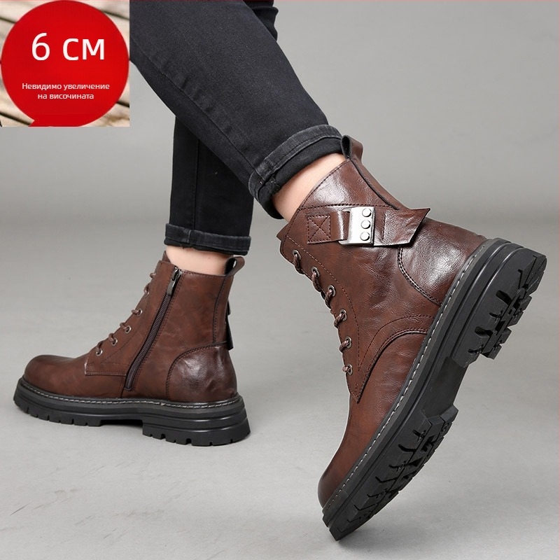 Dragonfly мъжки кожени ботуши в британски стил, Мартин ботуши с ниско голенище, горна част от първи слой телешка кожа, подплата и стелка от свинска кожа, вулканизирана гумена подметка, функция за повишаване на височината