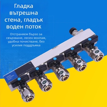 Меден разпределител за подово отопление с голям поток, огледално полирана повърхност, DN25, 0-100°C