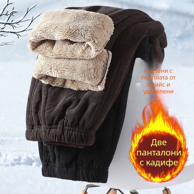 Corduroy панталони за мъже с флис подплата, висока талия, свободна кройка, връзка за стягане
