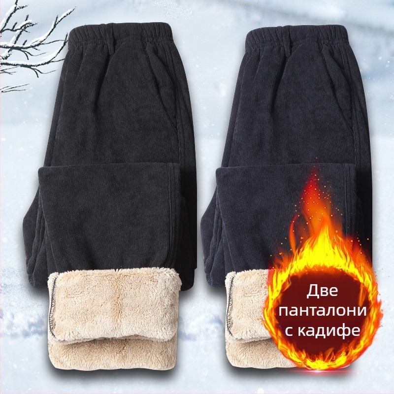 Corduroy панталони за мъже с флис подплата, висока талия, свободна кройка, връзка за стягане