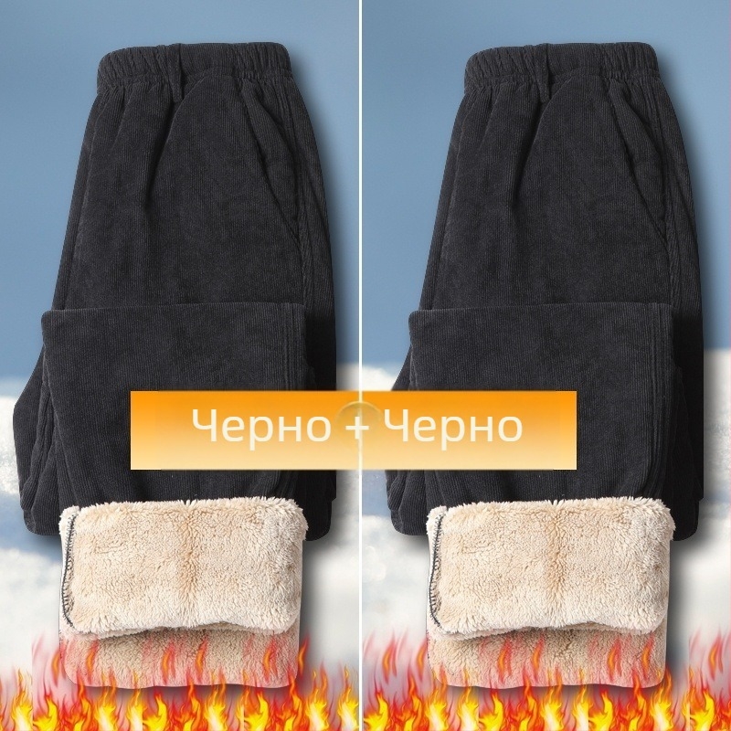 Corduroy панталони за мъже с флис подплата, висока талия, свободна кройка, връзка за стягане