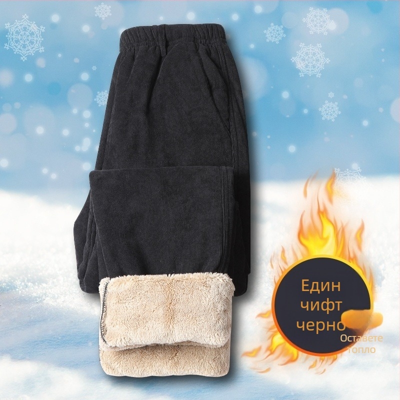 Corduroy панталони за мъже с флис подплата, висока талия, свободна кройка, връзка за стягане