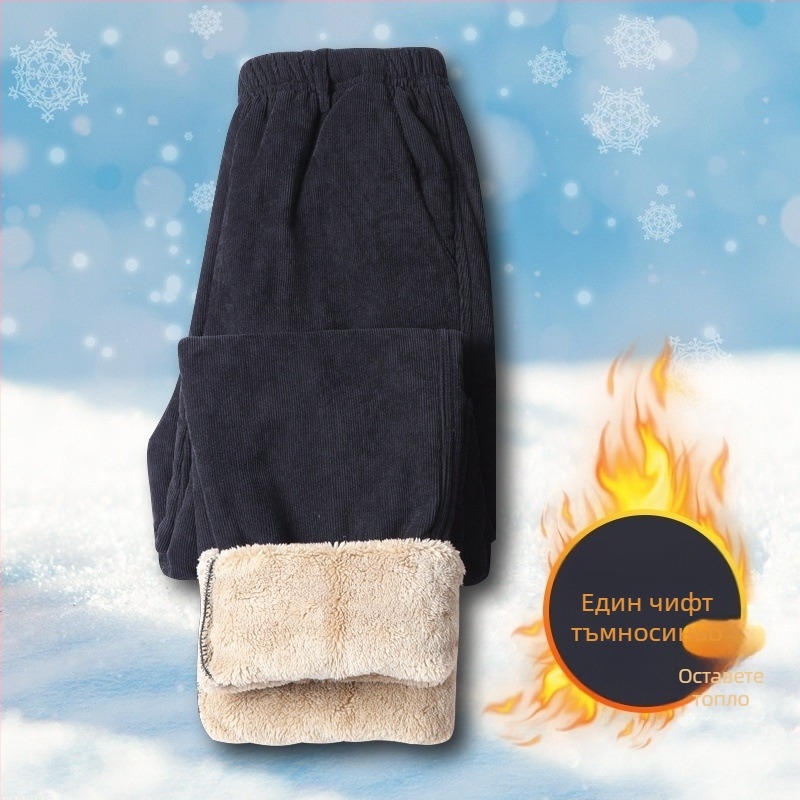 Corduroy панталони за мъже с флис подплата, висока талия, свободна кройка, връзка за стягане