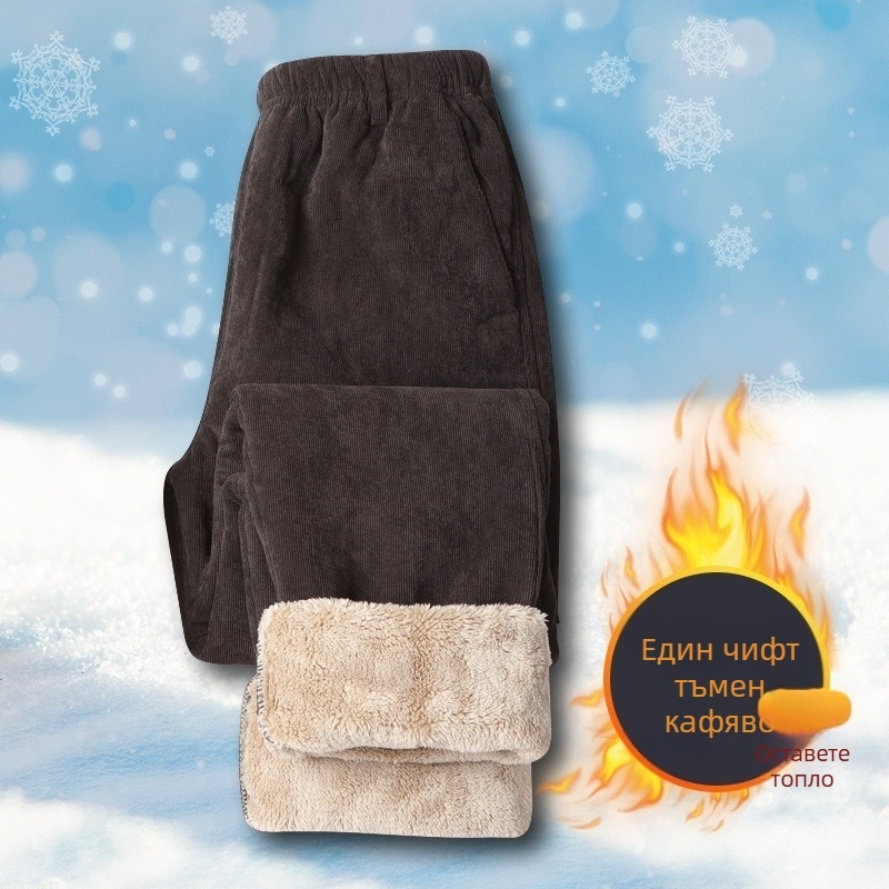 Corduroy панталони за мъже с флис подплата, висока талия, свободна кройка, връзка за стягане