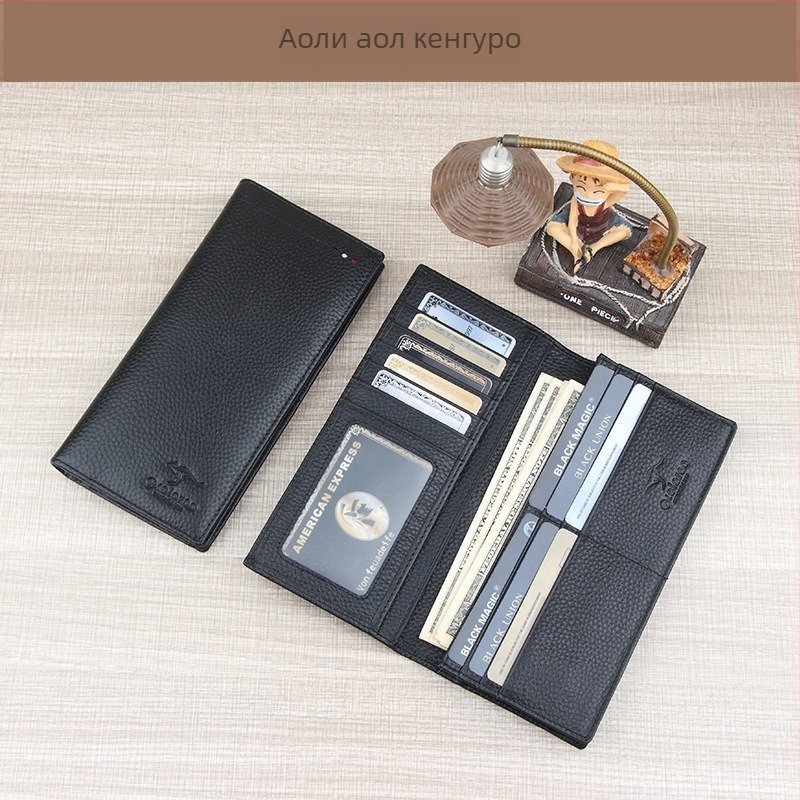 Мъжки дълъг кожен портфейл, бифолд, първи слой телешка кожа, подплата полиестер-памук
