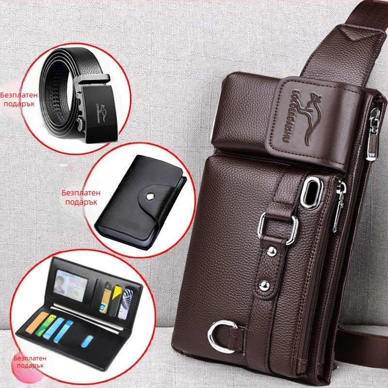 Мъжка поясна чанта от PU кожа, водоустойчива, подплата полиестер, уличен тренд стил, подходяща за бизнес пътувания