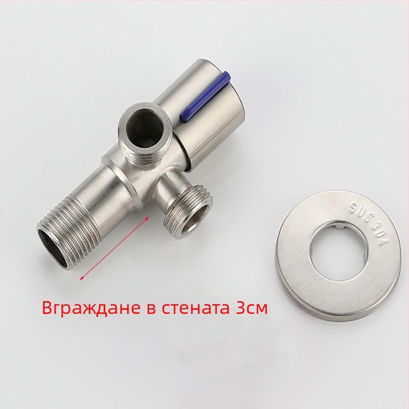 304 неръждаема стомана, 3‑ходов ъглов вентил, вход 1, изходи 2, стенен монтаж, за тоалетна, бойлер, баня и кухня