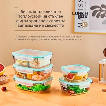 Стъклена кутия за обяд, кръгла форма, високо боросиликатно стъкло, капацитет 1–2 л, микровълнова съвместима