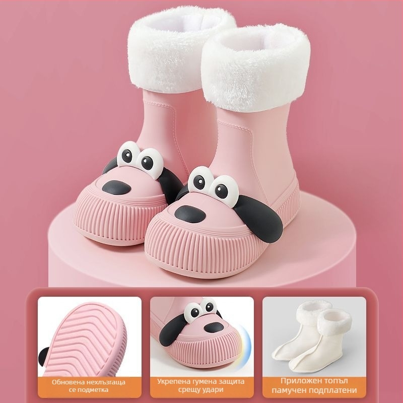 Детски дъждовни ботуши с мотив на карикатурно кученце с големи очи, водоустойчива PVC горна част, пухена подплата, средна височина на ботуша, за всички сезони