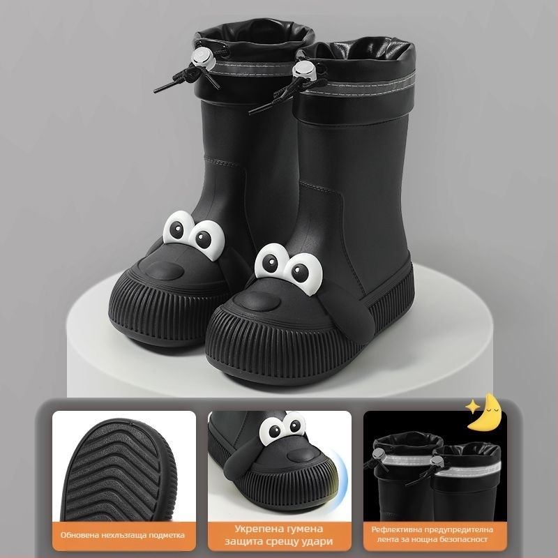 Детски дъждовни ботуши с мотив на карикатурно кученце с големи очи, водоустойчива PVC горна част, пухена подплата, средна височина на ботуша, за всички сезони