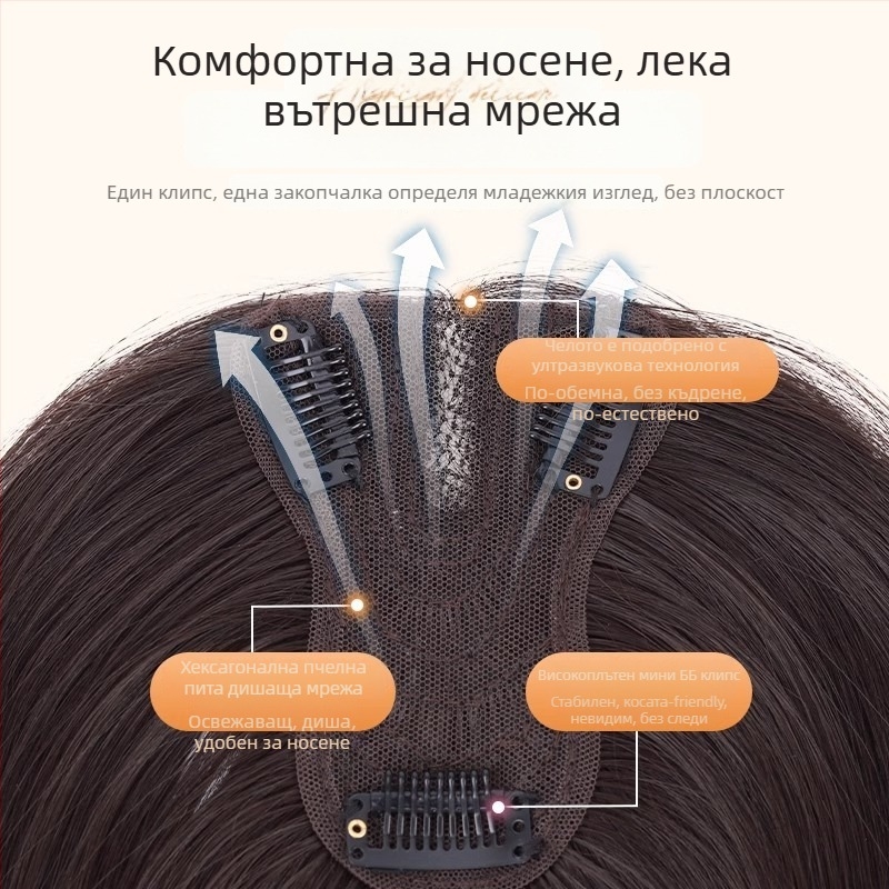 Перука с бретон за жени – обем в короната, покрива посивяване, централно разделен бретон, влакна устойчиви на висока температура, половин ръчно преплетена