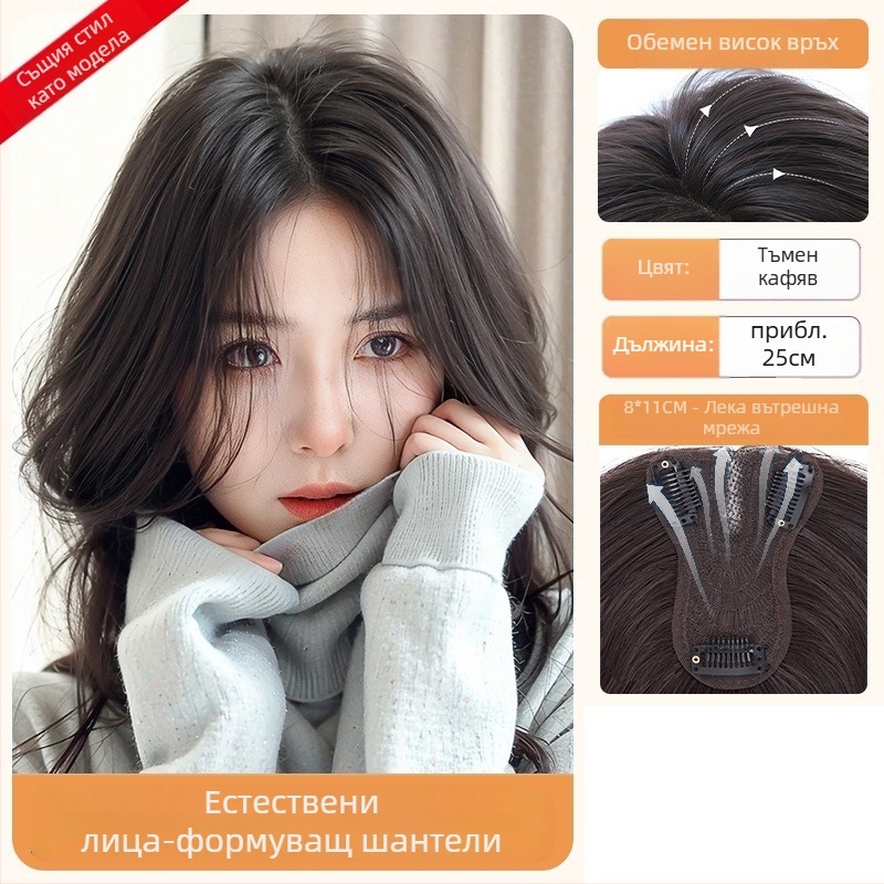 Перука с бретон за жени – обем в короната, покрива посивяване, централно разделен бретон, влакна устойчиви на висока температура, половин ръчно преплетена