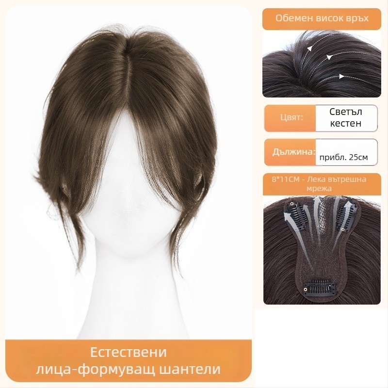 Перука с бретон за жени – обем в короната, покрива посивяване, централно разделен бретон, влакна устойчиви на висока температура, половин ръчно преплетена