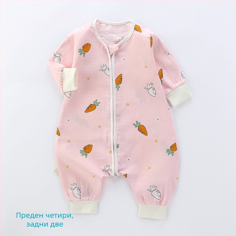 Детски спален чувал, тънък двуслоен памучна муслина, карикатурен принт, цип найлон, безопасност клас А