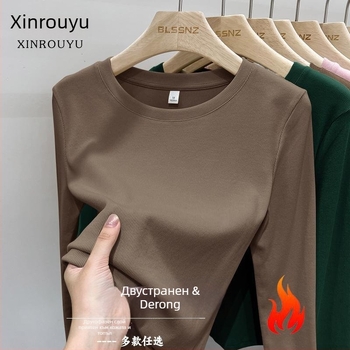 Тениска с дълги ръкави, кръгло деколте, мъхест полиестер, едноцветна, тесен силует, пролет 2025