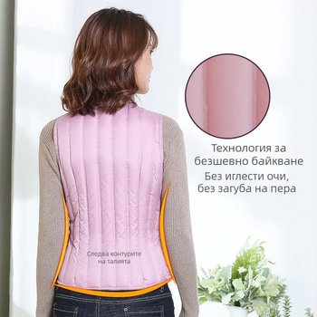 Дамска пухена жилетка, къса, Slim-fit, лека; пълнеж: пух от бяла утка; основен плат: полиестер 100%; подплата: полиестер; дължина 40–50 см; без яка; без ръкави