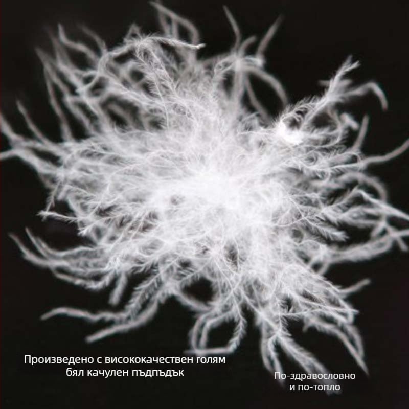 Дамска пухена жилетка, къса, Slim-fit, лека; пълнеж: пух от бяла утка; основен плат: полиестер 100%; подплата: полиестер; дължина 40–50 см; без яка; без ръкави