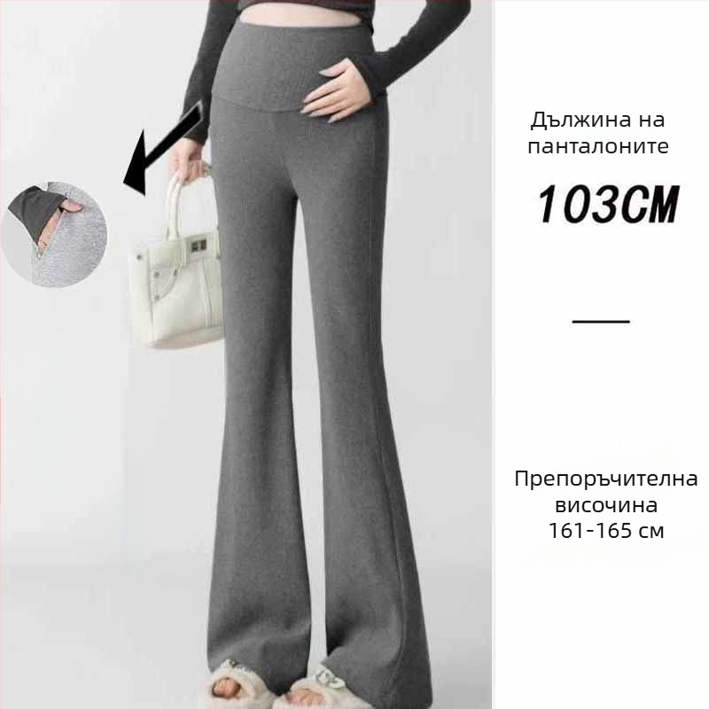 Майчин панталон в корейски стил, висока талия, микроеластичност, Bell-Bottom крачоли, полиестер-вискоза смес (50–70% полиестер, <30% вискоза)