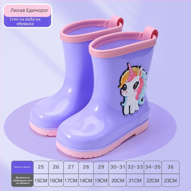 Дъждовни ботуши за деца – карикатурен дизайн, PVC, нисък ток 1–3 см, средна дължина на тръбата, за всички сезони, унисекс
