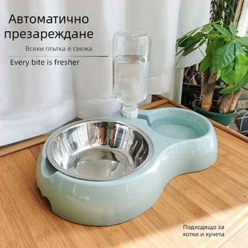 Котешка купа за хранене с интегрирана вода и храна — Материал: пластмаса + неръждаема стомана; Автоматично хранене; Марка: Dog Overlord; Опаковка: 50; За котки